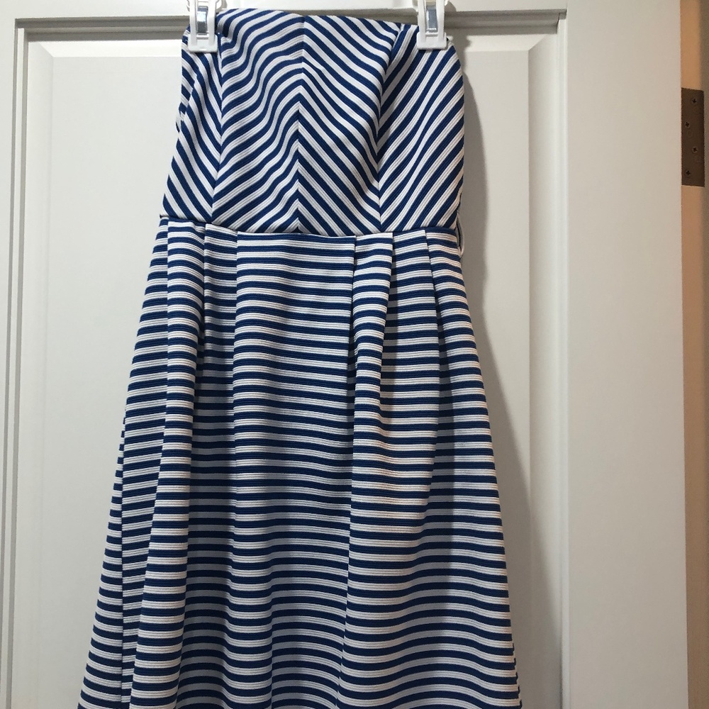 Blue and White stripped strapless dress